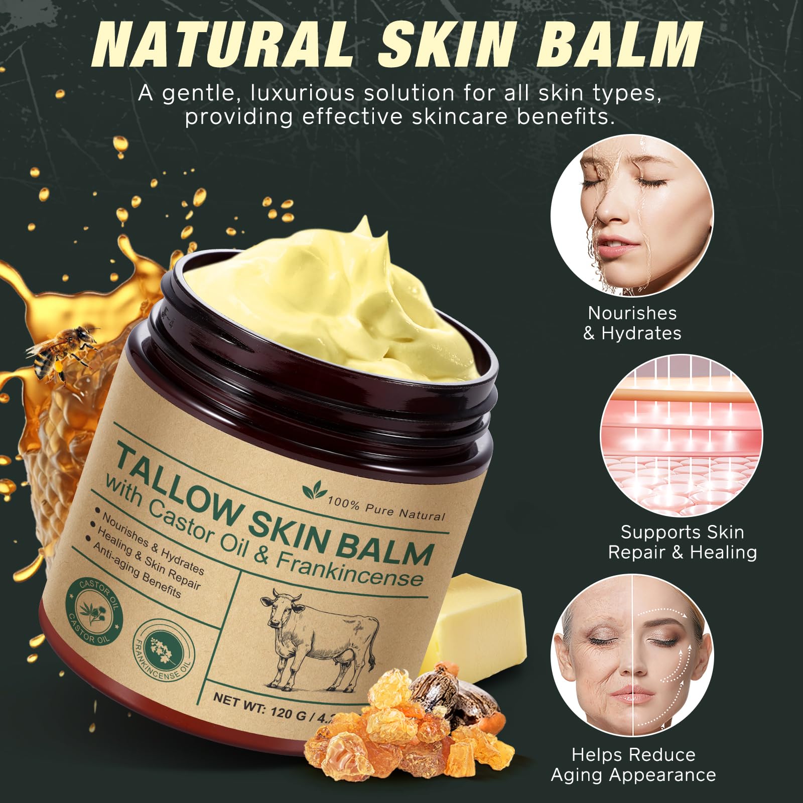 ZIXBMHYJ Tallow Balm With Castor Oil and Frankincense Skin Balm, Beef Tallow Moisturizer, Frankincense Oil for Skin, 100% Grass-Fed, Nourish & Repairing Dry Skin, Face & Body Cream