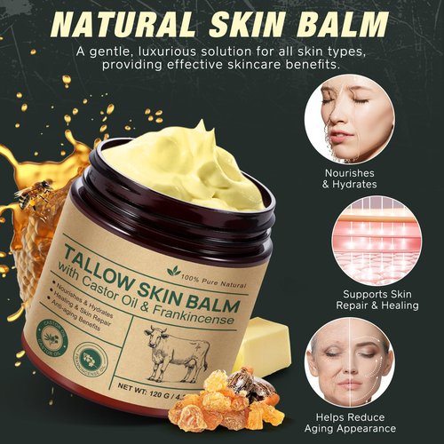 Beef Tallow Balm with Frankincense and Castor oil 4.2 fl.oz, 100% Grass-Fed Tallow for Skin Care, Face & Body Moisturizer for Skin Hydrating & Nourishing, Sensitive Skin & Dry Skin Age Defying