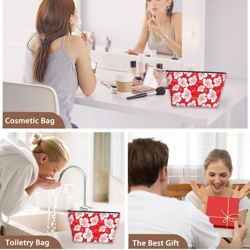 Red White Hibiscus Flower Cosmetic Bags for Women,Hawaiian Small Makeup Bag for Purse Travel Toiletry Bag Make up Accessories Organizer Zipper Pouch Gift Idea