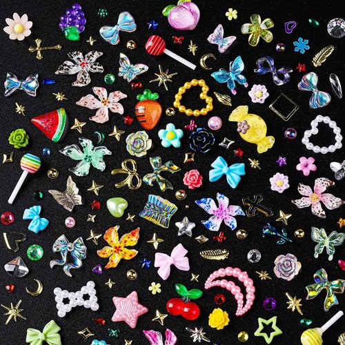 FANDAMEI Nail Charms and Gems, 8 Boxes Nail Art Kit for Design, Multi-Shape Rhinestones for Nails Flat Back Pearls Jewels, 3D Fruit Flower Candy Nail Charms, Gold Nail Studs Jewels