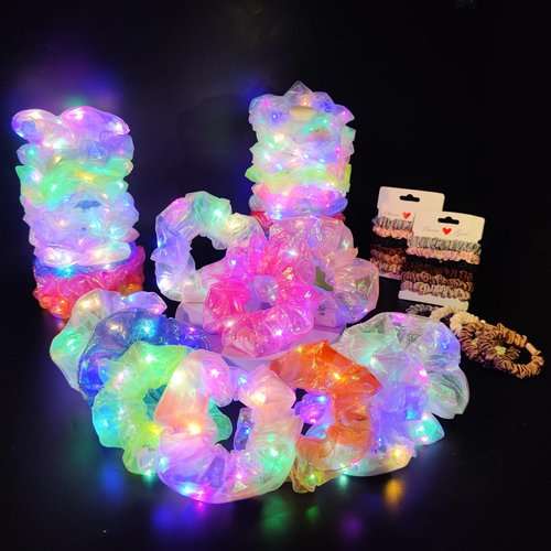 30Pcs Light Up Scrunchies with 18Pcs Satin Elastic Hair Ties, Valentine's Day LED Scrunchy for Women & Girls, Glow in the Dark Party Supplies Party Favor Festival Rave Accessories for Neon Glow Party
