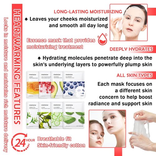 Skiennix 8PCS Hydrating Facial Sheet Masks - Moisturizing for All Skin Types | Revitalize Your Skin