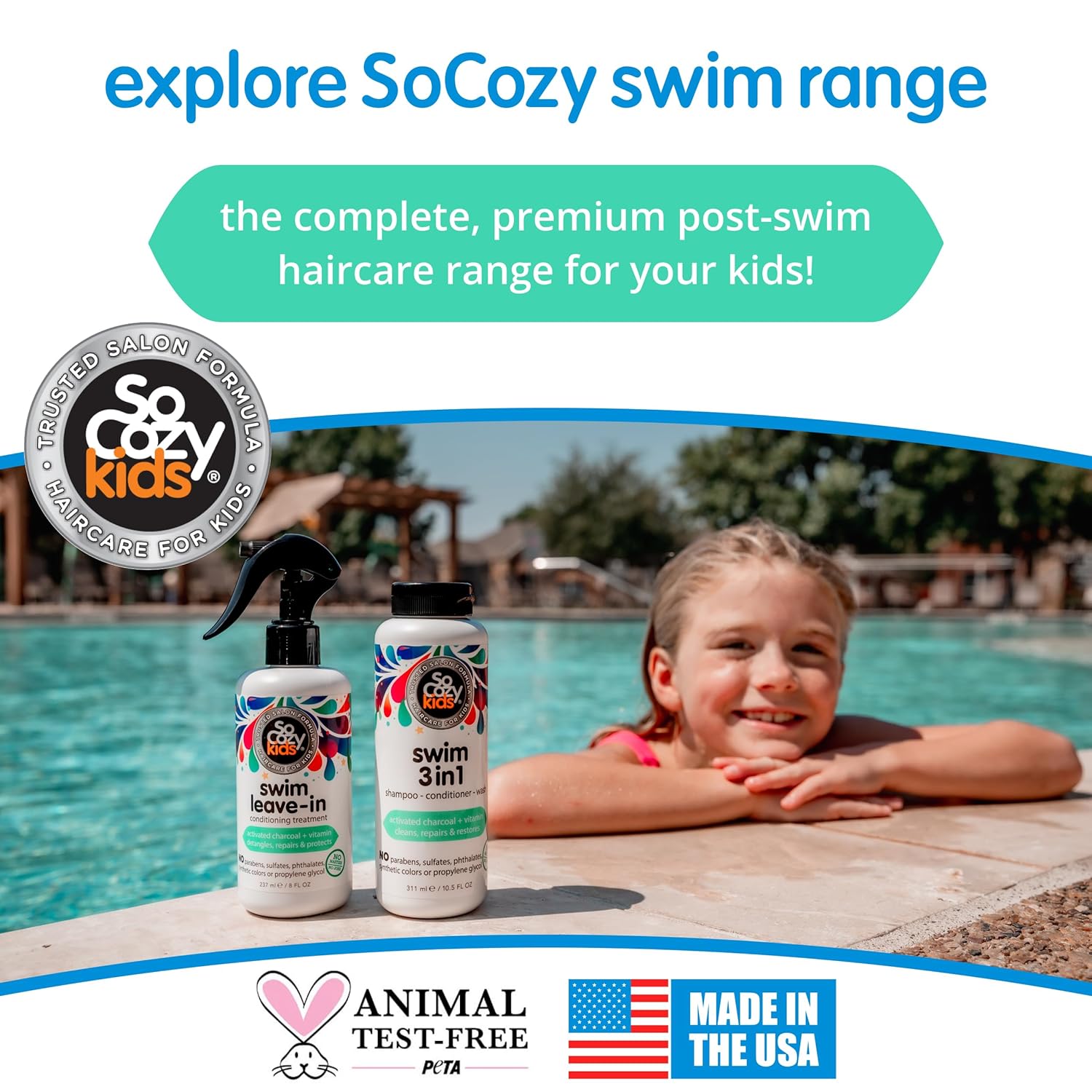 SoCozy Swim Leave-In Conditioner Spray - Protects & Repairs Kids' Hair from Pool & Sun Damage | 8 Fl Oz
