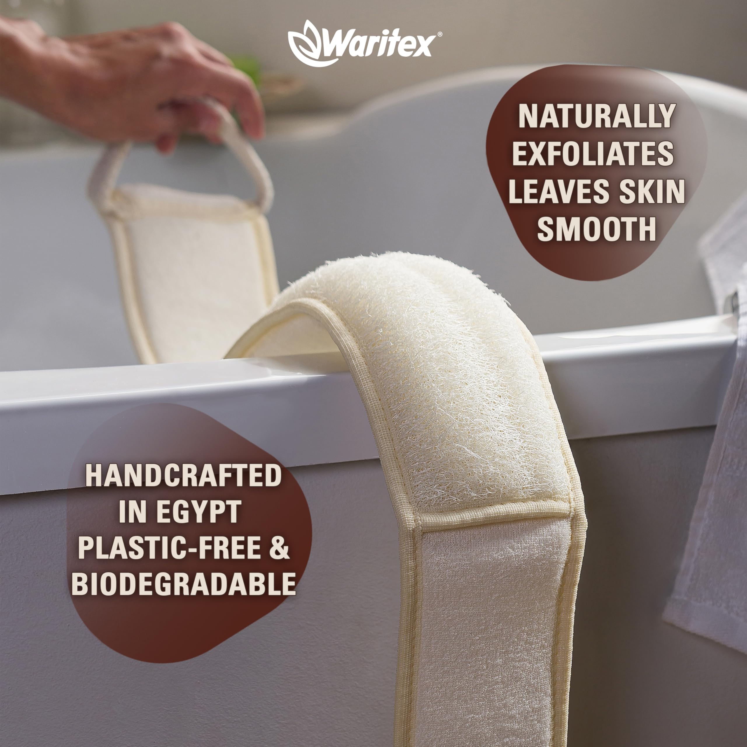 Waritex Natural Egyptian Loofah Back Scrubber for Shower, Extra-Long Exfoliating Strap Made with Natural Egyptian Loofah Fibers, Deep Cleaning Body Sponge for Men and Women – Soft Cotton Handles
