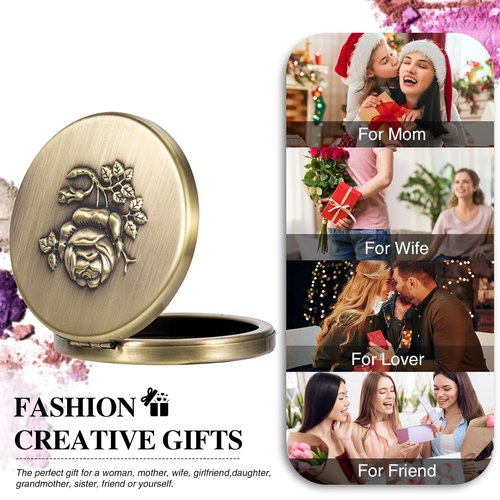 Fashion Creative Luxury Metal Beauty Sponge Case, Rose Gold Pattern, 7 cm Compact Mirror Case with Puff, Travel Makeup Powder Holder (Bronze)
