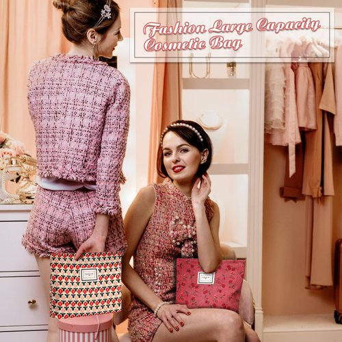 Sanwuta 6 Pcs Makeup Bag for Women Large Cosmetic Pouch Corduroy 10 x 7 Inch Large Capacity Makeup Bags Canvas Cosmetic Bags with Zipper Travel Toiletry Accessories Organizer for Women Girls(Flower)