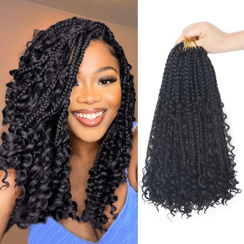 Goddess Box Braids Boho Crochet Hair - 14Inch Pre-Looped Box Braids With Curly Ends (14 Inch, Pack of 8, #1B)