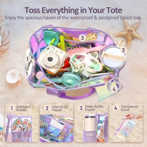 Skiennix Iridescent Waterproof Beach Bag - 26L Large Tote with Zipper & Phone Pouch | Sand-Proof Design