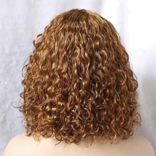 IMAYLI Curly Bob Wig with Bangs 10inch Short Curly Wigs for Black Women Human Hair 180% Density Glueless Water Wave Brazilian Hair wigs None Lace Front Wig P4/30