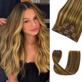 LOVELINE Clip in Hair Extensions Real Human Hair, 100% Remy Human Hair Extensions Clip Ins for Women, 7Pcs 12Inch 85g, Balayage Chocolate Brown to Caramel Blonde