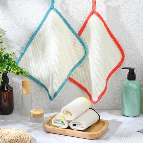 Tatuo 5 Pcs Exfoliating Face and Body Wash Cloths Towel Weave Bath Exfoliating Scrub Massage Bath Cloth for Women and Men, 10.63 x 9.05 Inch(Black Green Orange Blue Yellow Edge)