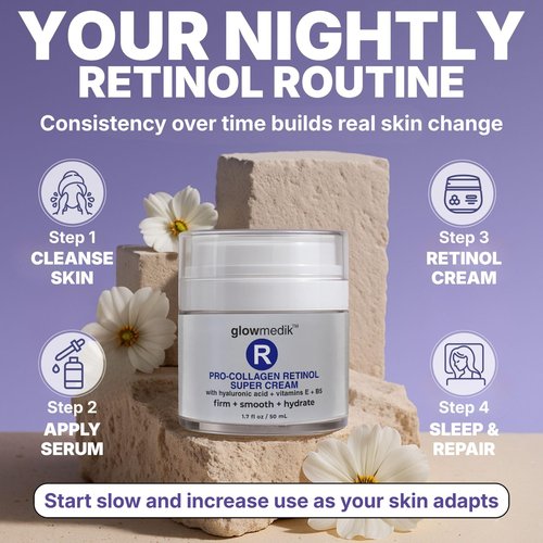 Glowmedik Pro-Collagen Retinol Super Cream w/Hyaluronic Acid, Vitamin E & Aloe | Anti Aging Facial Moisturizer for Fine Lines, Uneven Tone & Dry Skin | Retinol Face Cream women and men 50ml 1 fl oz