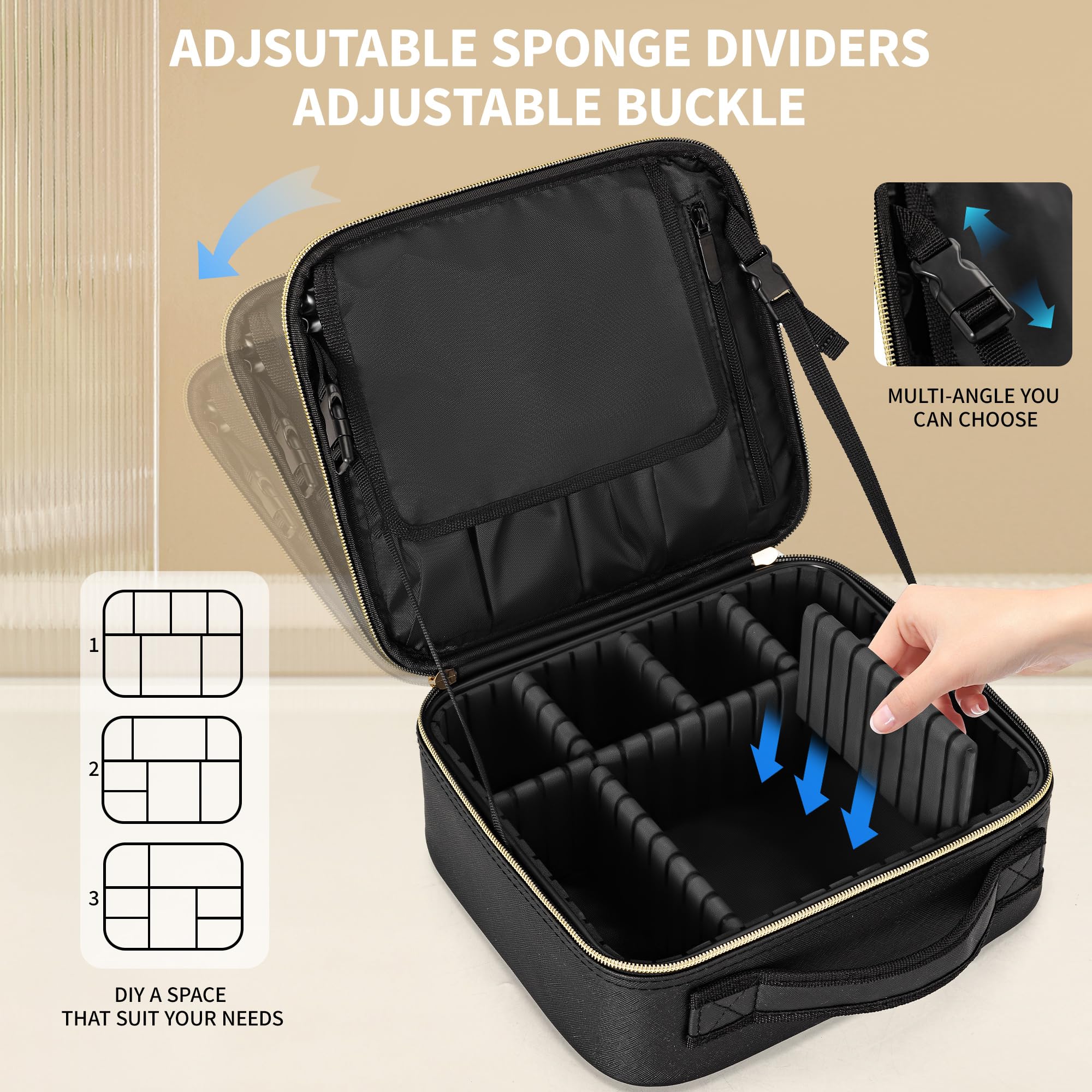 ZhenGuiRu Travel Makeup Bag, Makeup Train Case, Portable Makeup Artist Organizer with Adjustable Dividers, Cosmetic Brush Holder Storeage