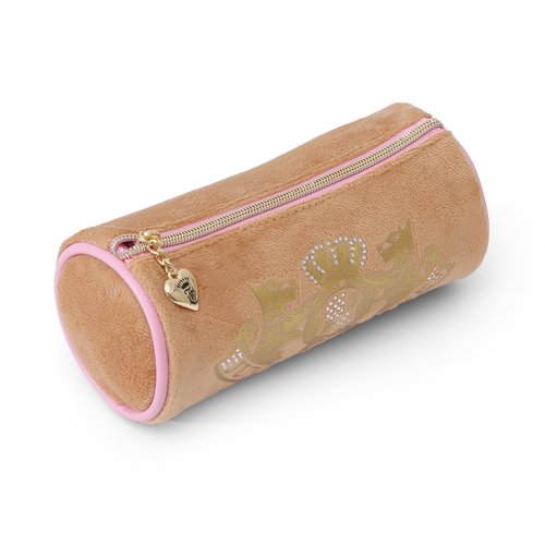 Juicy Couture Brown Makeup Bag Cosmetics Organizer Travel Essentials Cylinder Roll Gold Terroir Dog Rhinestone Crown Velour
