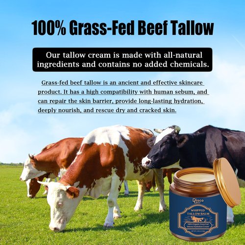 100% Grass Fed Whipped Beef Tallow Balm, Ultra Moisturizing Skin Cream for Face, Body Hands, Natural Skincare with Honey Coconut Oil Olive Oil and Avocado Oil for All Skin (1)