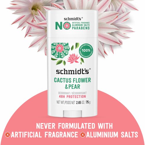 Schmidt's Aluminum-Free Vegan Deodorant Cactus Flower & Pear with 24-Hour Odor Protection, 2 Count for Women and Men, Natural Ingredients, Cruelty-Free, 2.65 oz