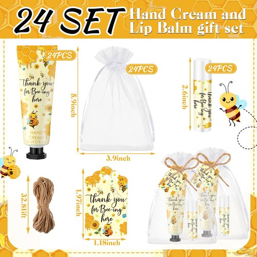 Dansib 24 Sets Honey Hand Cream and Lip Balm Gift Bee Themed Baby Shower Party Favor for Guest Thank You for Bee-ing Travel Size Hand Lotion and Lip Balm Bulk Honey Baby Shower Birthday Party Supplies