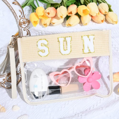 SOIDRAM SUN Bag Sunscreen Makeup Bag Chenille Letter Pouch Clear Travel Zipper Nylon Cosmetic SUN Pouch Organizer Sunscreen Toiletry Waterproof Summer Travel Gifts for Women