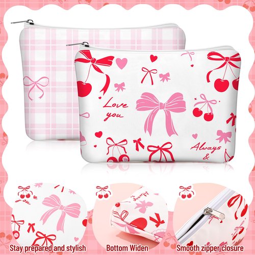 Kacctyen 12 Pcs Pink Cherry Bow Coquette Makeup Bag Cute Bow Canvas Cosmetic Bag International Womens Day Gifts for Women Girl with Zipper Aesthetic Travel Pouch Birthday Party Favor