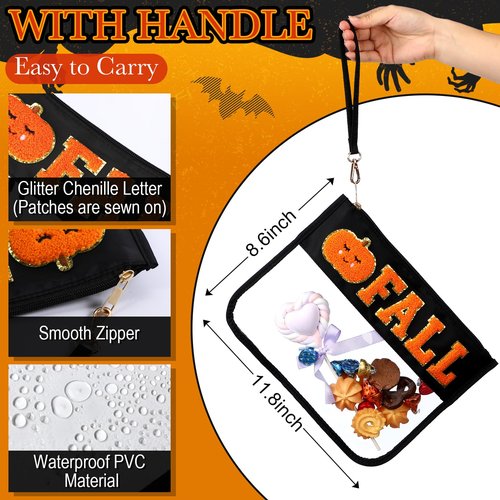 Remerry 2 Pcs Halloween Gifts Chenille Letter Bag Spooky Pumpkin Fall Boo Patch Clear Makeup Cosmetic Toiletry Pouch Nylon PVC Monogram Treat Candy Goodie Bag Preppy Purse Waterproof for Women
