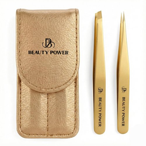 Beauty Power Professional Tweezers Set – Slant & Point, Ultra Precision German Stainless Steel Tweezers for Eyebrows, Chin, Ingrown Hair & Facial Grooming – Lightweight with Case - Gift Idea - Gold