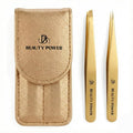 Beauty Power Professional Tweezers Set – Slant & Point, Ultra Precision German Stainless Steel Tweezers for Eyebrows, Chin, Ingrown Hair & Facial Grooming – Lightweight with Case - Gift Idea - Gold