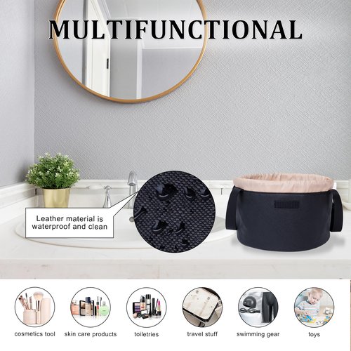 FANGENKE Women's Day-Drawstring Makeup Organizer Bag,Large Lay Makeup Bag,Portable Waterproof Leather Travel Bags - Durable, Machine Washable Toiletry Bag (Black Large)