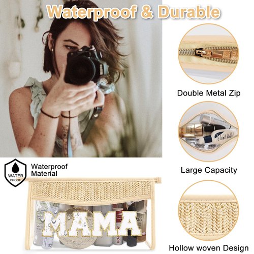Iqimott Clear Patch Makeup Letter Bag, Boho Letter Bag for Beach Swim, Waterproof Zipper Make up Bags Toiletry Pouch for Women Girls, Clear Letters Patch Cosmetic Bags for Travel(Mama, Beige)