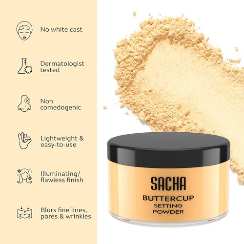Sacha BUTTERCUP Setting Powder - Translucent Face Powder for Medium to Dark Skin Tones | Blurs Fine Lines, 1.75 oz
