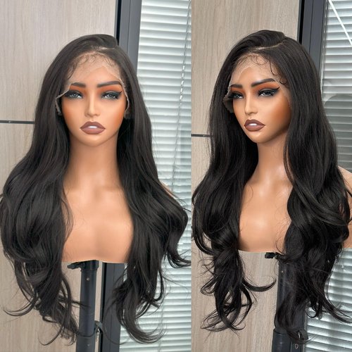 PREMPO 13x6 Lace Front Wigs, 28 Inch Wavy Wig Pre Plucked 180% Density Wear and Go Glueless Wigs As Human Hair Heat Resistant Synthetic Wig with Baby Hair, Natural Black Wig