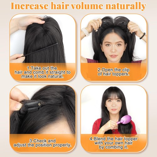 ALXNAN Hair Toppers For Women with Thinning 3D 360°Cover,26Inch Black Long Straight Layered Clip In Synthetic hair topper with Bangs