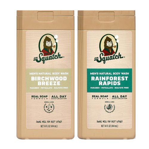 Dr. Squatch Natural Men's Body Wash - Nourishing & Moisturizing Shower Gel | Birchwood Breeze + Rainforest Rapids (14 oz, 2-Pack)