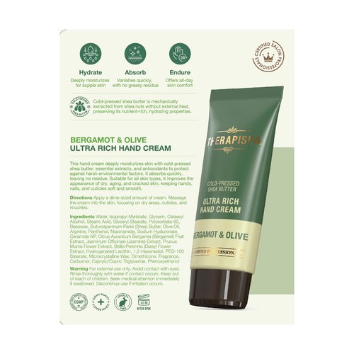 THERAPISPA Ultra Rich Hand Cream – Intensive Hydration & Repair for Dry, Chapped Hands | Enriched with Shea Butter, Ceramides, Niacinamide (B3) & Panthenol (B5) (Bergamot & Olive, 2.0 oz, Pack of 1)