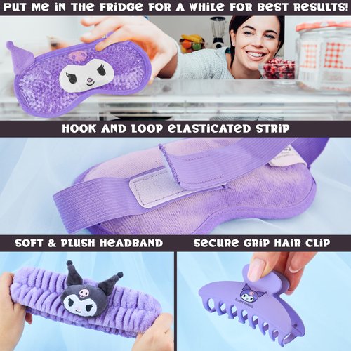 Hello Kitty Sanrio Kuromi Beauty Set for Women, Teens with Cooling Gel Eye Mask, Plush Skincare Headband, Claw Clip, Eye Pads, Kawaii Gifts for Women (Purple Kuromi)