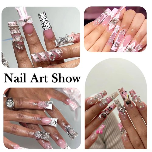 Laza 50pcs Nail Charms Y2k Alloy Nail Rhinestone Charms 3D Heart Star Butterfly Nail Gems Tulips Cherry Pink Bow Jewelry Crystal Shiny Rhinestones Nail Decoration Accessories for Nail Design