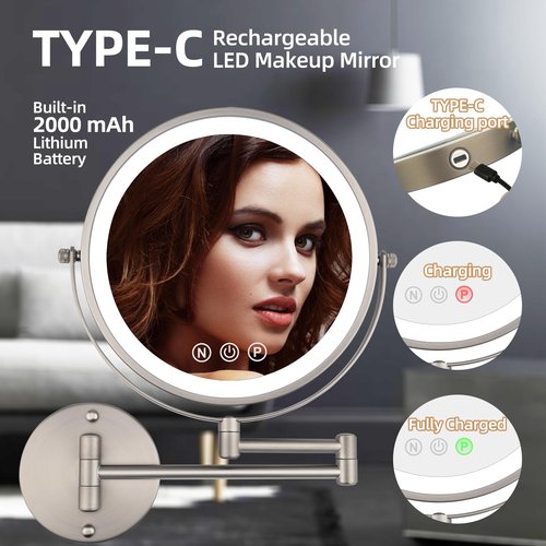 SLIMOON 9" Wall Mounted Lighted Makeup Mirror with Magnification, 1X/10X Magnifying Mirror with Light, 3 Color LED 2000mAh Rechargeable Light Up Magnifying Nickel Extendable