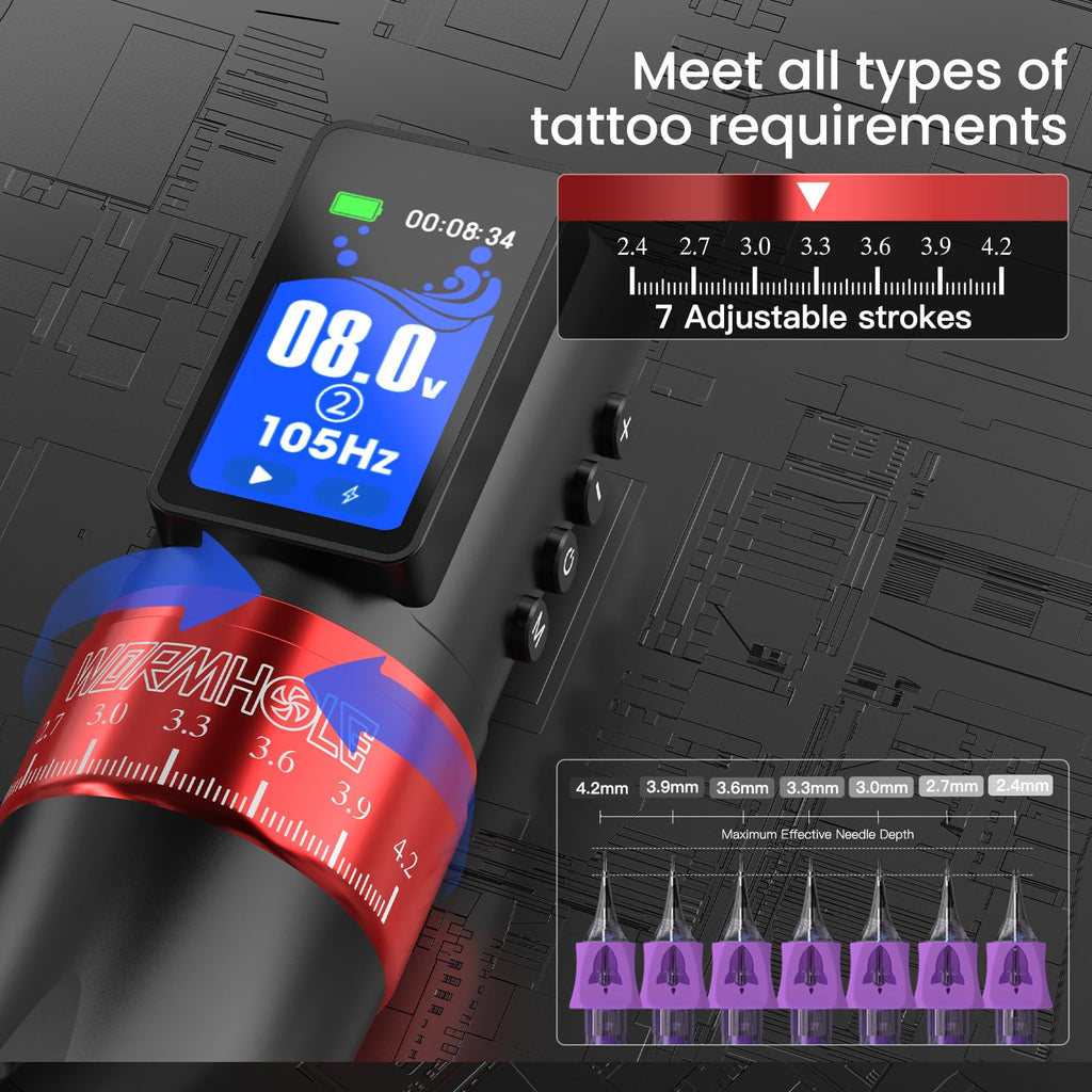 Wormhole Tattoo Gun Wireless Tattoo Machine Multi-function Smart Tattoo Pen 2,300mAh 2PCS Battery Replacement Power Supply, Smart Display, 7 Strokes Length