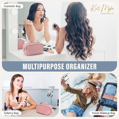 Kat Myhr Large Capacity Travel Cosmetic Bag With Handle and Divider - Waterproof Makeup Organizer for Women - Cute Pink Make Up Bag