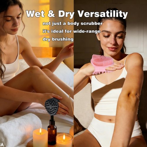 PeaKalo Silicone Body Scrubber for Men Women, Dual-Sided Gentle Exfoliating Body Scrubber Scalp Scrubber Massager for Deep Cleansing, Soft Silicone Loofah Body Brush with Hanging Holes (Black+Pink)