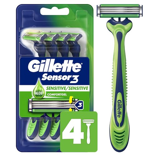 Gillette Sensor3 Sensitive Disposable Razors - 4 Pack for Gentle Shaving Comfort
