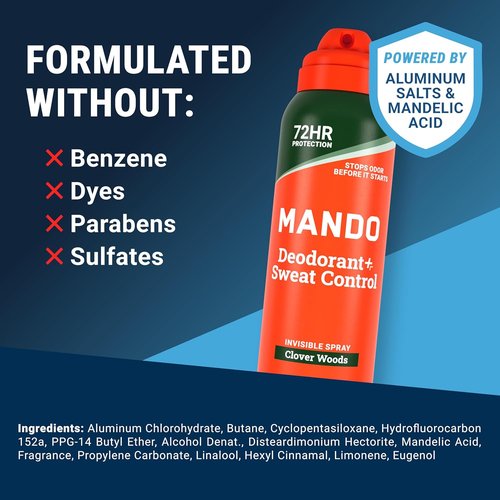 Mando 72 Hour Sweat & Odor Control Spray for Men - Invisible Antiperspirant Deodorant | Low Irritation Formula - 2 Pack - Clover Woods