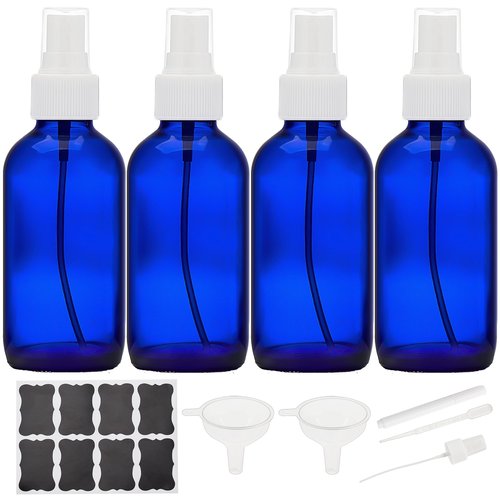 Bastelica Cobalt Blue Glass Spray Bottles 4 oz, Small Empty Spray Bottles for Essential Oils, Fine Mist for Face, Hair, Plants, Travel, Perfumes, Cleaning Solutions - 4 Pack