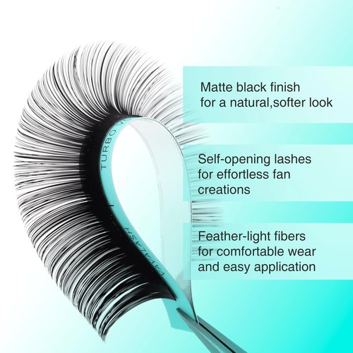 Shimmy-free Lashes Extenisons Self Fanning Eyelash Extensions 0.03 0.05 Turbo Volume Lashes C/CC/D Curl 8-15mm Mixed True Matte Black Lash Extensions Professional Volume Eyelashes (0.03-CC-8-15mm)