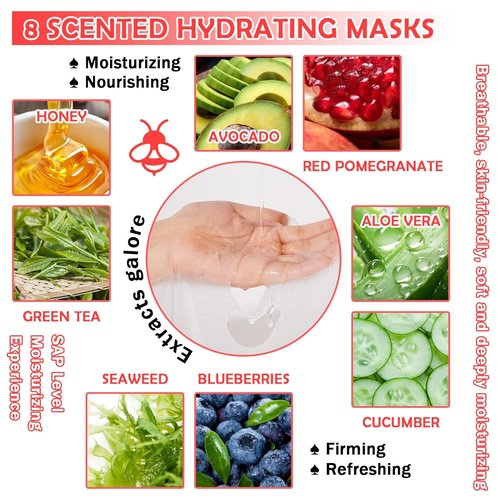 Skiennix 8PCS Hydrating Facial Sheet Masks - Moisturizing for All Skin Types | Revitalize Your Skin