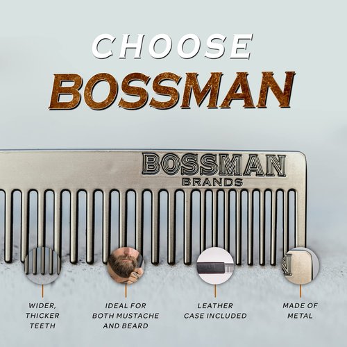 Bossman Metal Grooming Comb for Men - Mustache and Beard Styling Tool with Leather Pocket Case (Black)