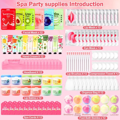 132 PCS Spa Party Supplies, Spa Party Favors Include Face Masks Skincare, Hand Cream, Lip Balm, Under Eye Patches, Lip Mask and Foot Bath Bombs, Spa Birthday Sleepover Party Supplies