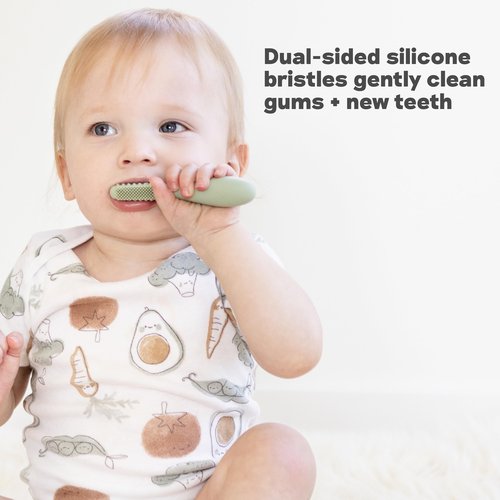 ezpz Baby-Led Toothbrush (Sage) - 3 Months + - 100% Silicone Infant Toothbrush with Sensory Bumps - Cleans Gums + New Teeth - Improves Hand-to-Mouth Coordination, Self-Feeding Skills