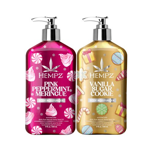 Hempz Holiday Body Lotion 2-Pack, Pink Peppermint Meringue and Vanilla Frosted Sugar Cookie Moisturizer, Fall and Winter Body Care, Gift for Men & Women, 17 oz Duo