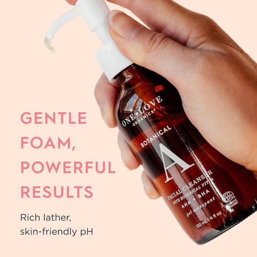 One Love Organics Botanical A Facial Cleanser – Gentle AHA BHA Exfoliating Gel Cleanser for Smoother, Clearer Skin, Certified Organic & Cruelty Free 4oz
