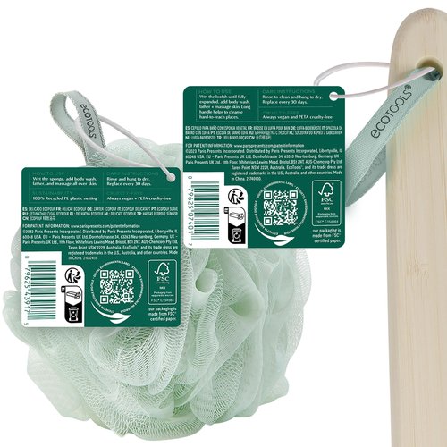 EcoTools Loofah Bath Brush with Long, Ergonomic Bamboo Handle + Green Delicate EcoPouf Made with Recycled Netting for Cleansing & Exfoliating Sensitive Skin, Self-Care Gifts